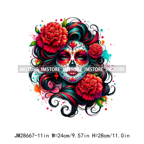 La Catrina Day Of The Dead Floral Sugar Skull Mexican Girls Halloween Iron On DTF Transfers Stickers Ready To Press For Hoodies