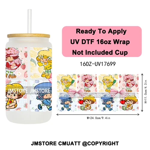 90s Cartoon Strawberry Characters Coquette Bow 16OZ UV DTF Cup Wraps Ready To Apply Transfer Stickers For Libbey Glass Can Mugs