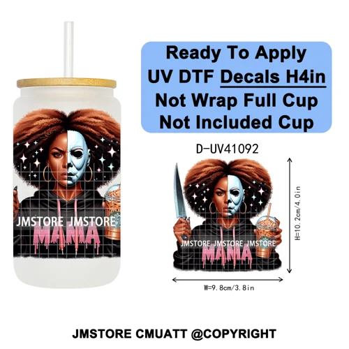 Scary Movie Character Afro Girls Halloween UV DTF Transfer Stickers Decals Ready To Apply Waterproof For 16OZ Libbey Glass Can