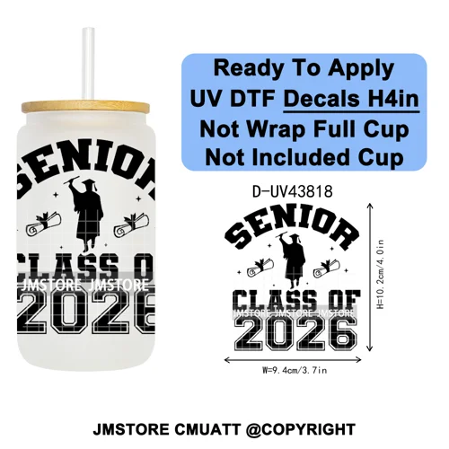 Fresh Class Of 2026 Senior Edition UV DTF Decals Ready To Apply Waterproof Transfer Stickers DIY Craft For 16OZ Libbey Glass Can