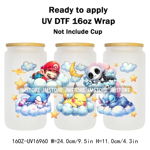 Cute Cartoon Character Sleeping On The Clouds UV DTF Stickers Ready To Apply Cup Wrap Custom Labels For 16OZ Libbey Can Glass