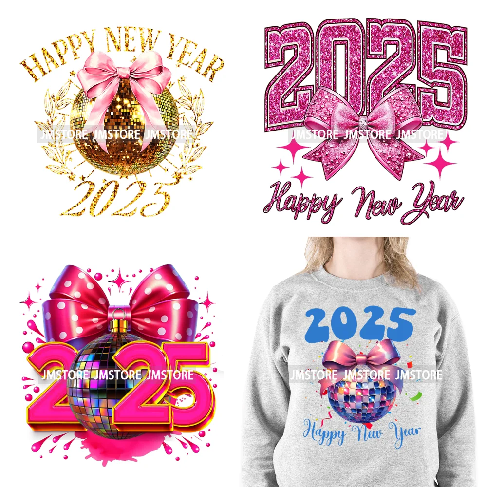 Colorful Faux Glitter Happy New Year Disco Ball Social Club Coquette Bow Iron On DTF Transfer Sticker Ready To Press For Clothes