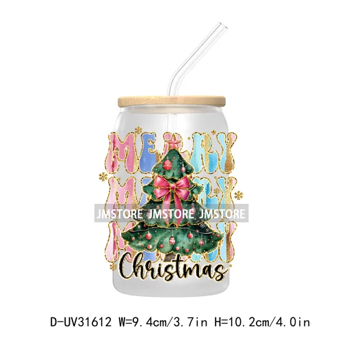 Merry Bright Coquette Bow Glitter Christmas Tree Girly UV DTF Transfer Stickers Decals For Libbey Cold Cup Mug Tumbler Durable