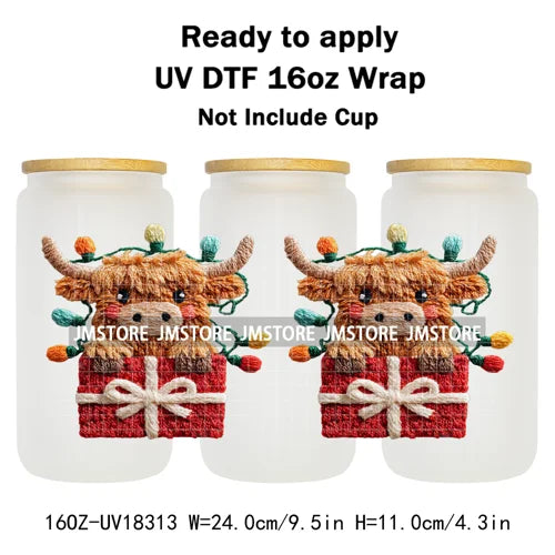 Faux Crochet Yarn Christmas Highland Cow 16OZ UV DTF Cup Wraps Ready To Apply Waterproof Transfer Stickers For Libbey Glass Can
