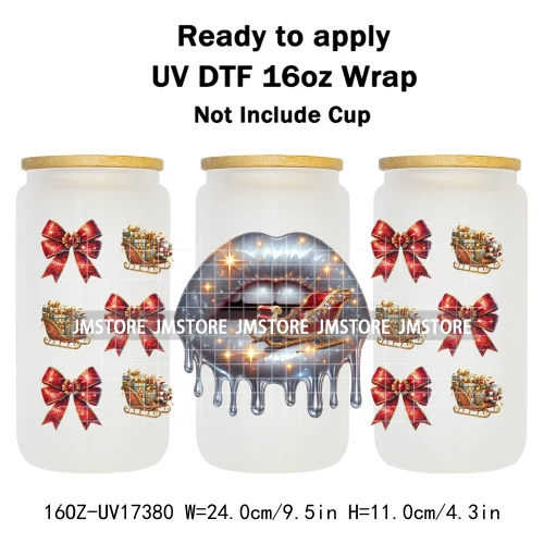 Colorful Christmas Lips Holiday Gifts Xmas Balls UV DTF Wraps Transfer Sticker Waterproof Logo For 16OZ Libbey Glass Can Tumbler