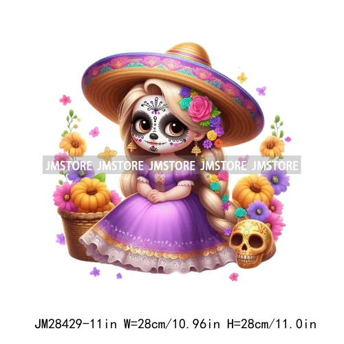 Colorful Day Of The Dead Catrina Princess Baby Girl Sombrero Hat Mexico Conchas Iron On DTF Heat Transfers Stickers For Clothing