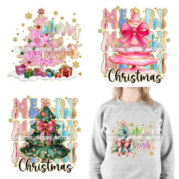 Merry And Bright Christmas Faux Gold Giltter Coquette Tree Gifts Girly Iron On DTF Transfer Stickers Ready To Press For Clothing