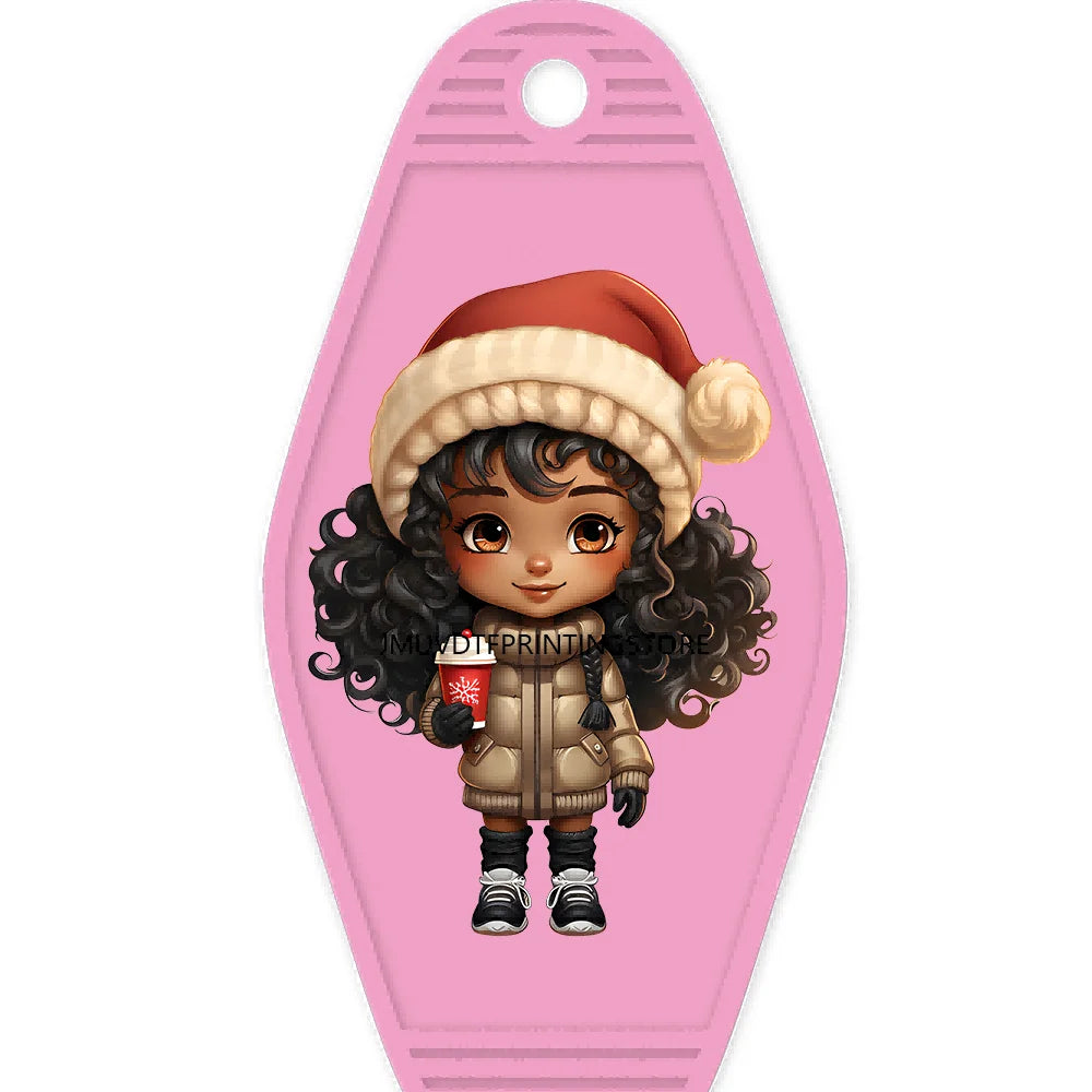 Merry Christmas Little Girls With Santa Hat High Quality WaterProof UV DTF Sticker For Motel Hotel Keychain