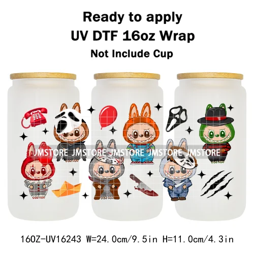 Laboo Horror Movie Characters Halloween 16OZ UV DTF Cup Wraps Ready To Apply Waterproof Transfer Stickers For Libbey Glass Can