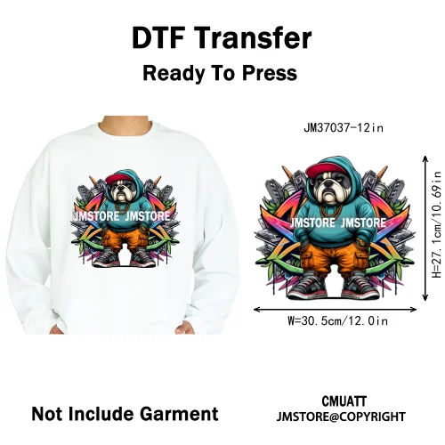 12in Streetwear Vibes Rich Cool Cartoon Bulldog King Designs Washable Iron on DTF Transfers Stickers Ready to Press for Clothes