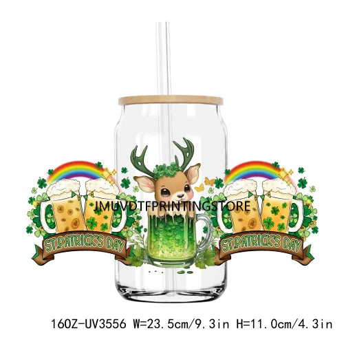 Green St. Patrick's Day UV DTF Sticker For 16OZ Libbey Glass Cup Can Lucky Shamrock Wrap Transfer Sticker Custom Labels DIY Logo