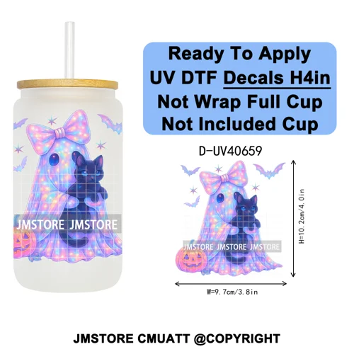 Iridescent Ghost Pumpkin Coquette Halloween UV DTF Transfer Stickers Decals Ready To Apply Waterproof For 16OZ Libbey Glass Can