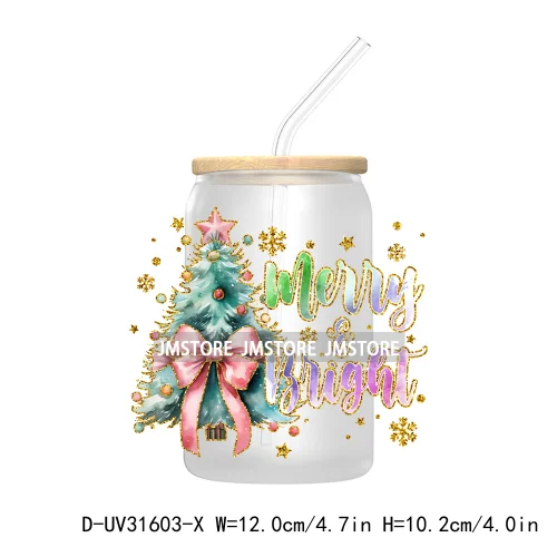 Merry Bright Coquette Bow Glitter Christmas Tree Girly UV DTF Transfer Stickers Decals For Libbey Cold Cup Mug Tumbler Durable