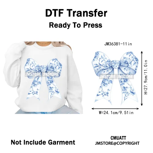 Blue And White Toile Chinoiserie Floral Coquette Bow Thermal Decals Iron on DTF Transfers Stickers Ready to Press for Clothing