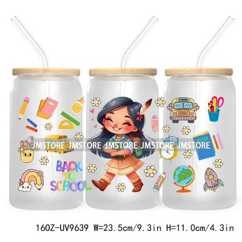 Back To School Cartoon Princess 16OZ UV Cup Wrap DTF Transfer Sticker For Libbey Glass Can Cups Tumbler Waterproof Label Teacher