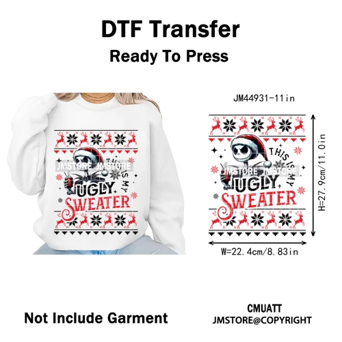 New Nightmare Horror Christmas Movie Characters Lover Iron on Washable DTF Heat Transfers Stickers Ready to Press for Clothes