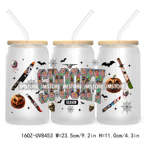 Halloween Characters 16OZ UV DTF Cup Wrap Transfer Sticker Custom Label Waterproof Logo For Libbey Glass Can Spooky Horror Movie