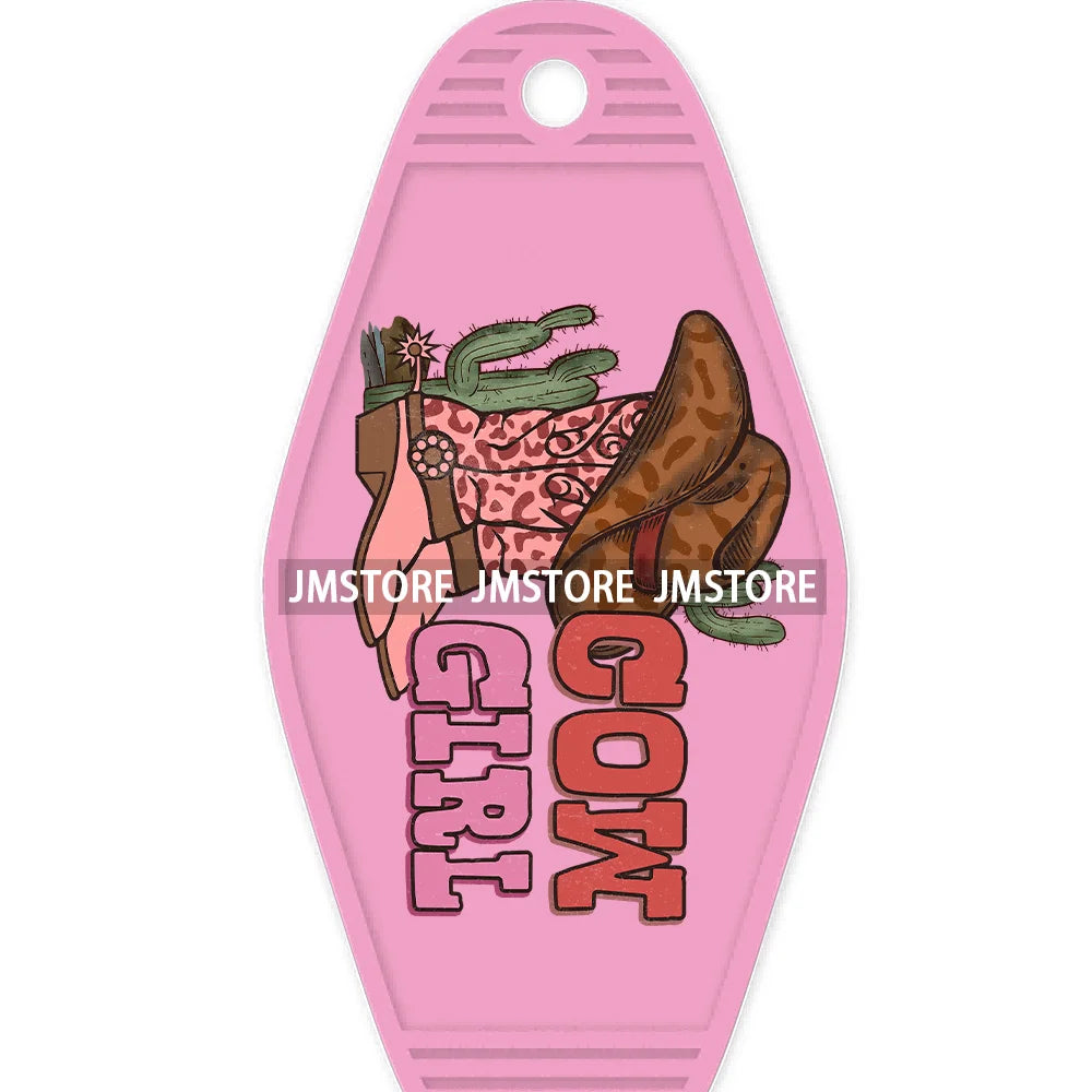 Pink Cowgirl Valentine's Day Candy Hearts High Quality WaterProof UV DTF Sticker For Motel Hotel Keychain Leopard Love Vibes