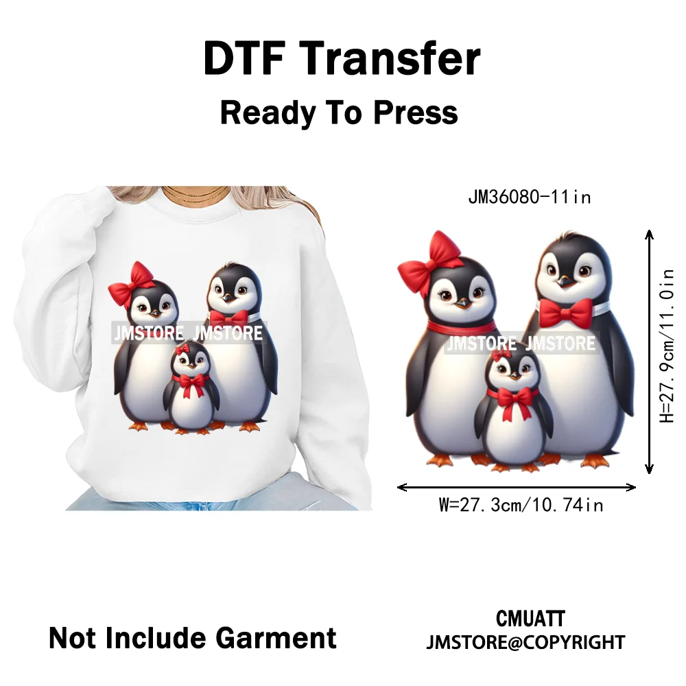 Cute Animal Penguins Coquette Hat Family Mom Father Baby Lovers Iron on DTF Heat Transfer Stickers Ready to Press for Hoodies