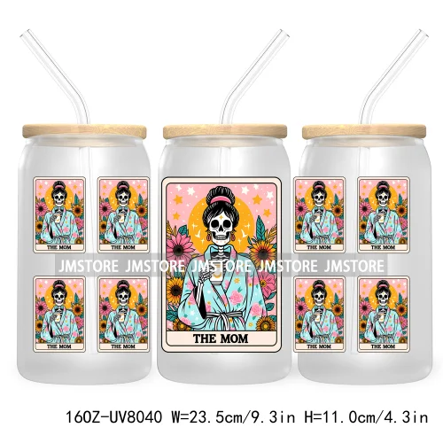 Funny Tarot Card UV DTF Sticker For 16OZ Libbey Glass Cup Can Wrap Transfer Sticker Custom Label DIY Logo Mexican Skeleton Skull