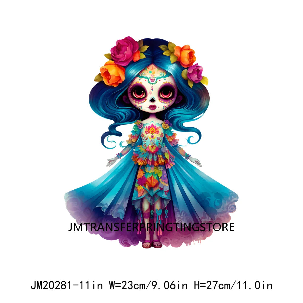 Cute Doll La Catrina Day Of The Dead Sugar Skull Mexican Halloween Iron On DTF Transfer Stickers Ready To Press For Hoodies Bags