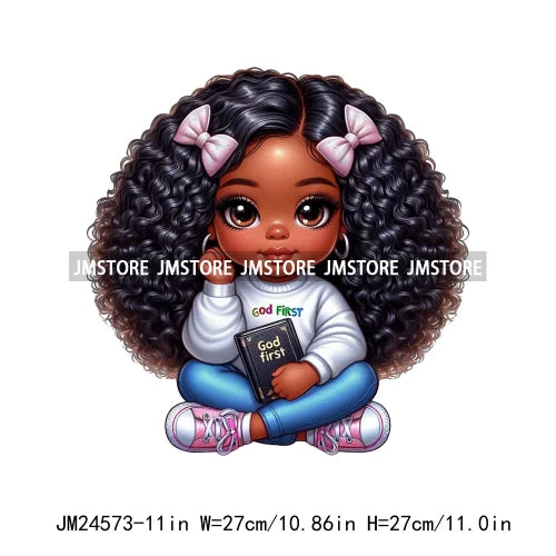 Cute God First Chibi Black Baby Girl Afro Magic Kids Coffee Woman Iron On DTF Transfer Stickers Ready To Press For Clothes Bags