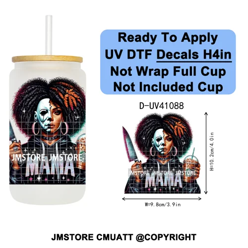 Scary Movie Character Afro Girls Halloween UV DTF Transfer Stickers Decals Ready To Apply Waterproof For 16OZ Libbey Glass Can