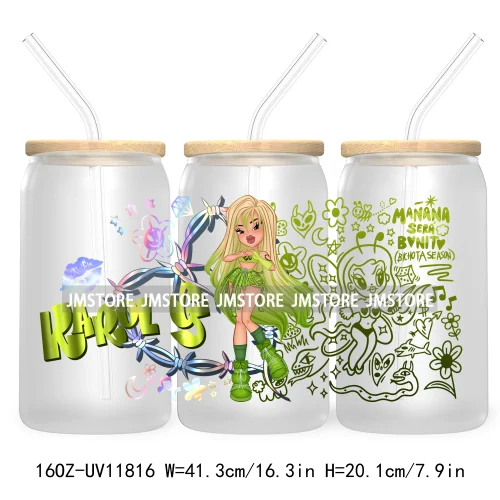 Cartoon Girls Bichota Doll Season Concert Wire Heart Manana Sera Bonito UV DTF Stickers Cup Wraps For 16OZ Libbey Glass Can