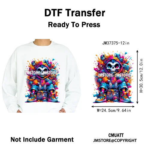 12in Hip Hop Graffiti Urban Skull Gaming Controller Game Lovers Iron on DTF Transfers Stickers Ready to Press for Hoodies Bags