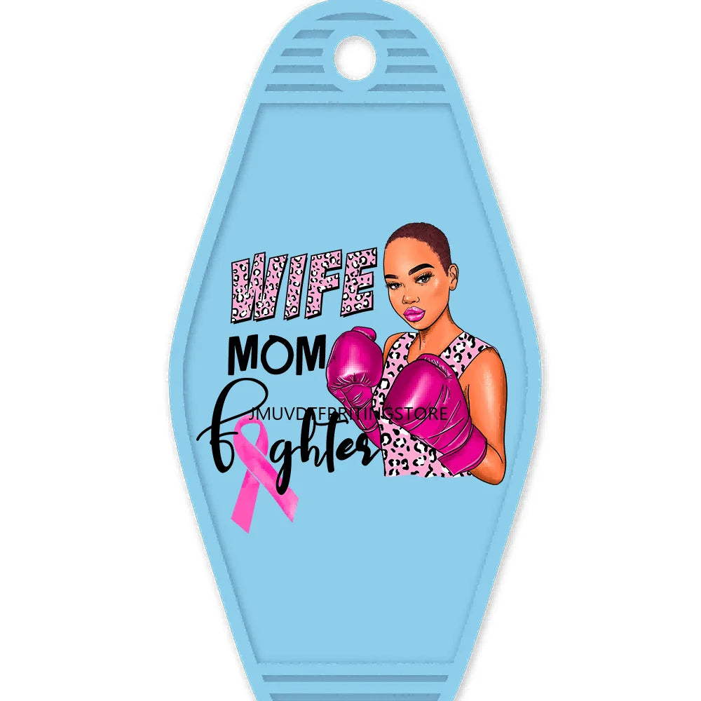 Breast Cancer Warrior Messy Bun High Quality WaterProof UV DTF Sticker For Motel Hotel Keychain Pink Awareness Ribbon