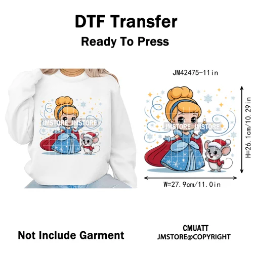 Cute Cartoon Movie Princess Christmas Winter Girly Kids Holiday Iron on DTF Washable Transfer Sticker Ready to Press for Clothes