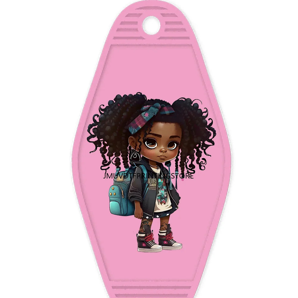 School Melanin Black Girls With Luggage High Quality WaterProof UV DTF Sticker For Motel Hotel Keychain Afro Children