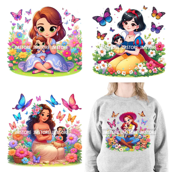 Happy Mother's Day Decals Iron On Cartoon Girls Princess Mom Love Butterfly Flowers DTF Transfer Stickers Printing For Hoodies