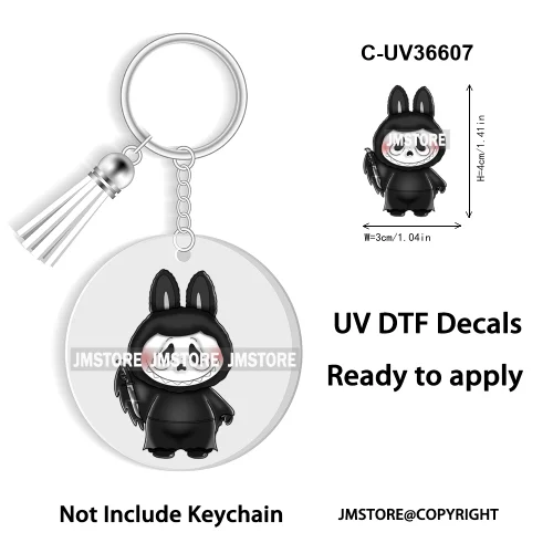 Coquette Bow Cartoon Monsters Doll In Costume Decal Round Keychain Ready To Apply UV DTF Transfer Stickers For Circle Keychain