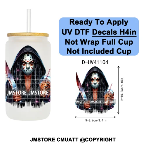 Scary Movie Character Afro Girls Halloween UV DTF Transfer Stickers Decals Ready To Apply Waterproof For 16OZ Libbey Glass Can