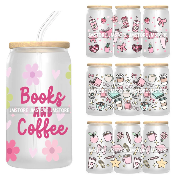 Trendy Coffee And Books Reading Floral Flowers 16OZ UV Cup Wrap DTF Transfer Stickers For Libbey Glass Can Cups Tumbler Labels