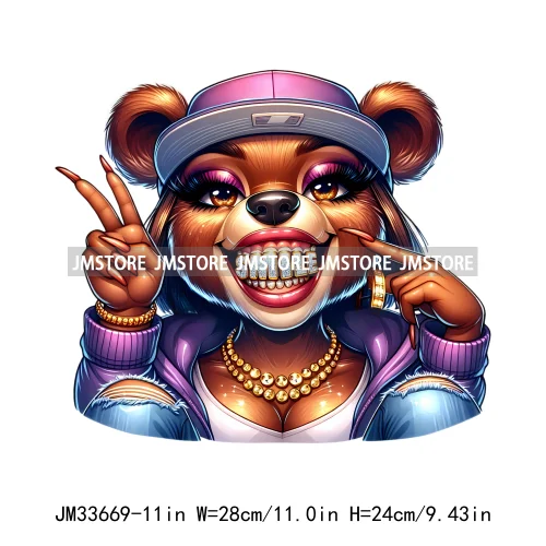 Girl Grillz Hustle Hip Pop Bear Money Quotes Sayings Washable Decals Iron On DTF Transfers Stickers Ready To Press For Clothing