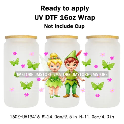 Kids Cartoon Character Flowers Butterfly 16OZ UV DTF Cup Wraps Ready To Apply Waterproof Transfer Stickers For Libbey Glass Can
