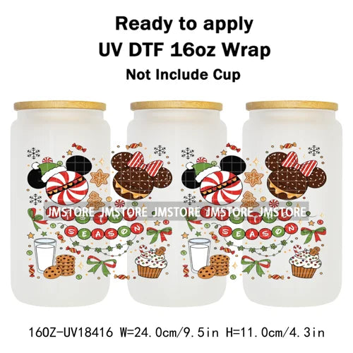 Cartoon Mouse Friends Christmas Gingerbread 16OZ UV DTF Cup Wraps Ready To Apply Durable Transfer Stickers For Libbey Glass Can