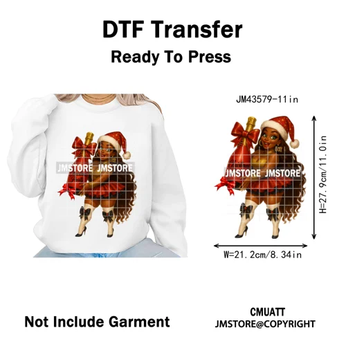 Wine Christmas Black Girls Santa Cheer Winter Holiday Party Iron on Washable DTF Transfers Stickers Ready to Press for Textiles