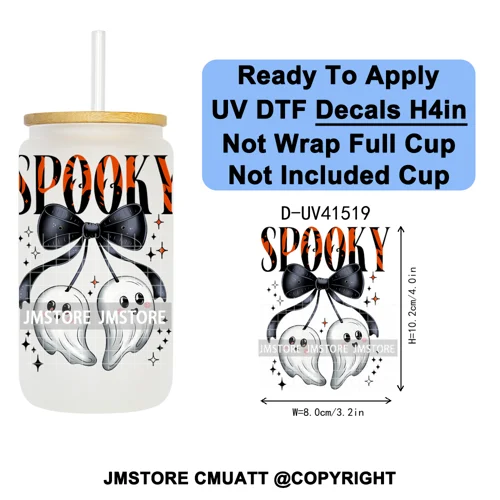 Spooky Highland Cow Halloween Ghosts Pumpkin UV DTF Decals Ready To Apply Waterproof Transfer Stickers For 16OZ Libbey Glass Can