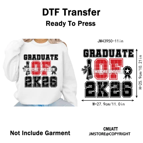 College Mega Senior 2K26 Coquette Class of 2026 Iron on Washable DTF Heat Transfers Stickers Ready to Press for Textiles Bags