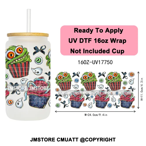 Halloween Cupcake Cartoon Character Ghost 16OZ UV DTF Cup Wraps Ready To Apply Waterproof Transfer Stickers For Libbey Glass Can
