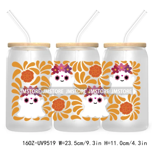 New Mexican Conchas Halloween 16OZ UV Cup Wrap DTF Transfer Stickers For Libbey Glass Can Cups Tumbler Waterproof Labels Cartoon