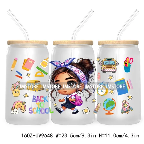 Back To School Cartoon Princess 16OZ UV Cup Wrap DTF Transfer Sticker For Libbey Glass Can Cups Tumbler Waterproof Label Teacher