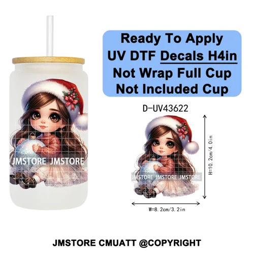 Chibi Cute Mexican Christmas Baby Girl UV DTF Decals Ready To Apply Waterproof Transfer Stickers For 16OZ Libbey Glass Can Mugs