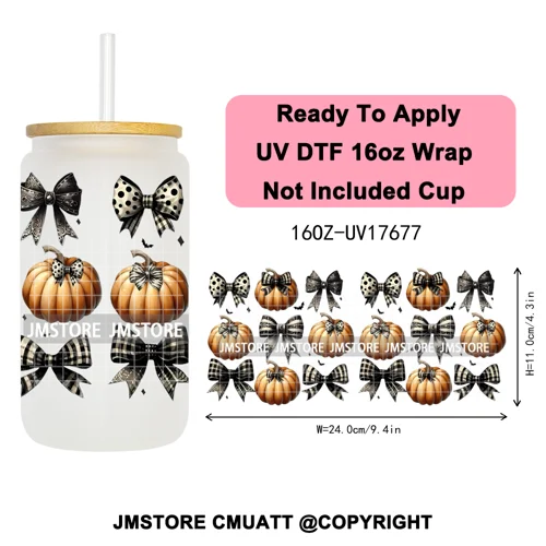 Halloween Fall Autumn Pumpkins Coquette Leopard Bow UV DTF Cup Wrap 16OZ Ready To Apply Transfer Stickers For Libbey Glass Can