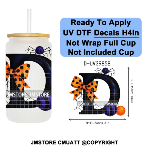 Polka Dot Pumpkin Halloween Letter Coquette UV DTF Decals Ready To Apply Waterproof Transfer Stickers For 16OZ Libbey Glass Can