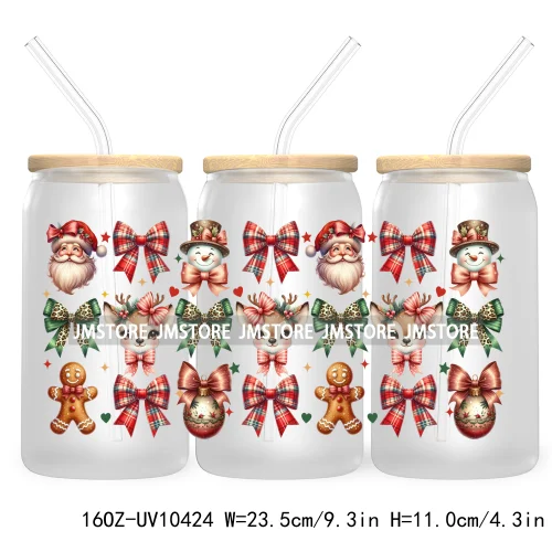 Christmas Girly Coquette Bow 16OZ UV DTF Cup Wrap Transfer Stickers Custom Labels For Libbey Glass Can Candy Cane Tis The Season