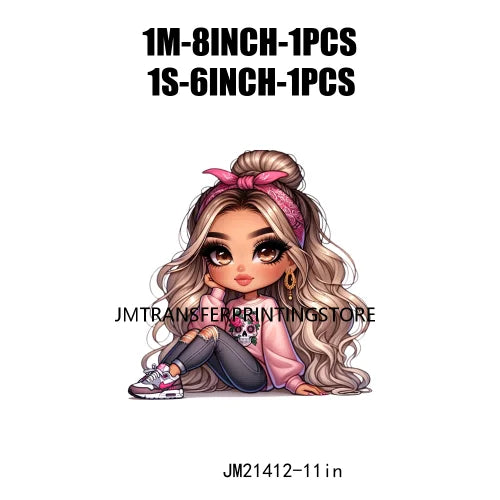 Pink Bow Long Hair Chibi Cute Chicana Doll Girls With Earing Washable Iron On DTF Transfers Stickers Designs For Sweatshirt